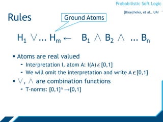 Probabilistic Soft Logic
Rules
 Atoms are real valued
- Interpretation I, atom A: I(A) [0,1]
- We will omit the interpretation and write A [0,1]
 ∨, ∧ are combination functions
- T-norms: [0,1]n →[0,1]
H1 ∨... Hm ← B1 ∧ B2 ∧ ... Bn
Ground Atoms
[Broecheler, et al., UAI ‘1
 