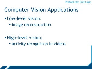 Probabilistic Soft Logic
Computer Vision Applications
Low-level vision:
- image reconstruction
High-level vision:
- activity recognition in videos
 
