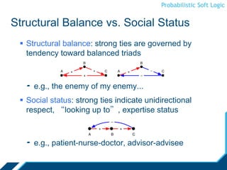 Probabilistic Soft Logic
Structural Balance vs. Social Status
 Structural balance: strong ties are governed by
tendency toward balanced triads
- e.g., the enemy of my enemy...
 Social status: strong ties indicate unidirectional
respect, “looking up to”, expertise status
- e.g., patient-nurse-doctor, advisor-advisee
 