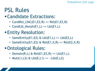 Probabilistic Soft Logic
PSL Rules
Candidate Extractions:
- CandRel_CMC(E1,E2,R) => Rel(E1,E2,R)
- CandLbl_Morph(E1,L) => Lbl(E1,L)
Entity Resolution:
- SameEntity(E1,E2) & Lbl(E1,L) => Lbl(E2,L)
- SameEntity(E1,E2) & Rel(E1,X,R) => Rel(E2,X,R)
Ontological Rules:
- Domain(R,L) & Rel(E1,E2,R) => Lbl(E1,L)
- Mut(L1,L2) & Lbl(E,L1) => ~Lbl(E,L2)
 