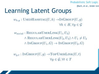 Probabilistic Soft Logic
Learning Latent Groups
[Bach, et al., Under revi
 