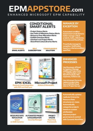 Automaticallyupdate/
replicate Enterprise
Resource Rate
structures en-mass.
Automatically
categorise projects
based on custom
attribute(s).
Improve project
governance & control
with DynamicWorkﬂow.
No Coding required!!
ENHANCED
PROCESSES
UsethepowerofExcel
toCapture/Manage
additionalProjectData
e.g.initialbudget,Cost
BeneﬁtAnalysis,ROI,
expenses,ActionsList.
Userich/smartformsto
captureprojectdata.
SyncInfoPath/Excel
datatoProjectServer.
CONDITIONAL
SMART ALERTS
∙ Project StatusAlerts
∙ KeyTasks & Milestone StatusAlerts
∙ Resource OverAllocationAlerts
∙ Publish OverdueAlerts
∙ Checked-out ProjectAlerts
∙ SharePoint Lists/LibrariesAlerts
MANAGE BY
EXCEPTION
Automatedcondition
basedsmartemailalertsto
bettermanagecritical
projects,tasks,milestones,
resourcesandSharePoint.
Proactivelymanageby
exception.Notiﬁcation
basedoncriteria/condition
speciﬁed.
CONFIGURABLE
SOLUTION
SELF
SUBSCRIPTION
CONDITIONAL
EMAIL ALERTS
CONFIGURABLE
SOLUTIONS
EPM2EXCEL
DynamicExcelIntegration
withPDPandﬁeldsync
MicrosoftProject
Actions&Reminders
AUTOMATEDPROJECT
CATEGORISATION
/SecurityManager
RESOURCERATE
REPLICATIOR
based
onSkill/Generics
EPMAPPSTORE.com
E N H A N C E D M I C R O S O F T E P M C A P A B I L I T Y
PROJECT
ONLINE
Reporting
Framework
 