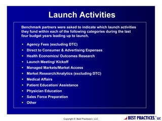 Launch Activities
Benchmark partners were asked to indicate which launch activities
they fund within each of the following categories during the last
four budget years leading up to launch.

 Agency Fees (excluding DTC)
 Direct to Consumer & Advertising Expenses
 Health Economics/ Outcomes Research
 Launch Meeting/ Kickoff
 Managed Markets/Market Access
 Market Research/Analytics (excluding DTC)
 Medical Affairs
 Patient Education/ Assistance
 Physician Education
 Sales Force Preparation
 Other

                                      14

                        Copyright © Best Practices, LLC    BEST PRACTICES,   ®
                                                                                  LLC
 