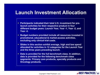 Launch Investment Allocation
 Participants indicated their total U.S. investment for pre-
  launch activities for their respective product in four
  different budget years: Launch Year, Year -1, Year -2, and
  Year -3.
 Budget numbers provided include all resources invested in
  promotional, educational & market-access activities,
  excluding only clinical trial costs.
 Slides in this section exhibit average, high and low spend
  allocated for activities in 12 categories for the Launch Year
  and the three years preceding launch.
 Data is provided for the full benchmark class. In addition,
  data is provided for the following benchmark class
  segments: Primary care products, specialty products and
  Oncology products.


                                  17

                    Copyright © Best Practices, LLC       BEST PRACTICES,   ®
                                                                                 LLC
 
