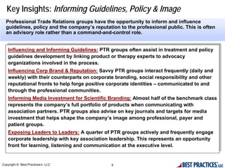 Key Insights: Informing Guidelines, Policy & Image
  Professional Trade Relations groups have the opportunity to inform and influence
  guidelines, policy and the company’s reputation to the professional public. This is often
  an advisory role rather than a command-and-control role.


    Influencing and Informing Guidelines: PTR groups often assist in treatment and policy
   Influencing and Informing Guidelines: PTR groups often assist in treatment and policy
    guidelines development by linking product or therapy experts to advocacy
   guidelines development by linking product or therapy experts to advocacy
    organizations involved in the process.
   organizations involved in the process.
    Influencing Corp Brand & Reputation: Savvy PTR groups interact frequently (daily and
   Influencing Corp Brand & Reputation: Savvy PTR groups interact frequently (daily and
    weekly) with their counterparts on corporate branding, social responsibility and other
   weekly) with their counterparts on corporate branding, social responsibility and other
   reputational fronts to help forge positive corporate identities ––communicated to and
    reputational fronts to help forge positive corporate identities communicated to and
    through the professional communities.
   through the professional communities.
    Informing Media Investment for Scientific Branding: Almost half of the benchmark class
   Informing Media Investment for Scientific Branding: Almost half of the benchmark class
    represents the company’s full portfolio of products when communicating with
   represents the company’s full portfolio of products when communicating with
    association partners. PTR groups also advise on key journals and targets for media
   association partners. PTR groups also advise on key journals and targets for media
    investment that helps shape the company’s image among professional, payer and
   investment that helps shape the company’s image among professional, payer and
    patient groups.
   patient groups.
    Exposing Leaders to Leaders: A quarter of PTR groups actively and frequently engage
   Exposing Leaders to Leaders: A quarter of PTR groups actively and frequently engage
    corporate leadership with key association leadership. This represents an opportunity
   corporate leadership with key association leadership. This represents an opportunity
    front for learning, listening and communication at the executive level.
   front for learning, listening and communication at the executive level.


Copyright © Best Practices®, LLC              6
 