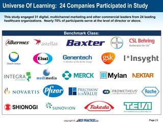 Page | 5
Universe Of Learning: 24 Companies Participated in Study
This study engaged 31 digital, multichannel marketing and other commercial leaders from 24 leading
healthcare organizations. Nearly 70% of participants serve at the level of director or above.
Benchmark Class:
 
