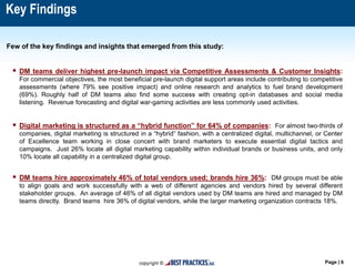 Page | 6
Key Findings
Few of the key findings and insights that emerged from this study:
 DM teams deliver highest pre-launch impact via Competitive Assessments & Customer Insights:
For commercial objectives, the most beneficial pre-launch digital support areas include contributing to competitive
assessments (where 79% see positive impact) and online research and analytics to fuel brand development
(69%). Roughly half of DM teams also find some success with creating opt-in databases and social media
listening. Revenue forecasting and digital war-gaming activities are less commonly used activities.
 Digital marketing is structured as a “hybrid function” for 64% of companies: For almost two-thirds of
companies, digital marketing is structured in a “hybrid” fashion, with a centralized digital, multichannel, or Center
of Excellence team working in close concert with brand marketers to execute essential digital tactics and
campaigns. Just 26% locate all digital marketing capability within individual brands or business units, and only
10% locate all capability in a centralized digital group.
 DM teams hire approximately 46% of total vendors used; brands hire 36%: DM groups must be able
to align goals and work successfully with a web of different agencies and vendors hired by several different
stakeholder groups. An average of 46% of all digital vendors used by DM teams are hired and managed by DM
teams directly. Brand teams hire 36% of digital vendors, while the larger marketing organization contracts 18%.
 