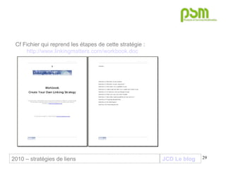 JCD Le blog Cf Fichier qui reprend les étapes de cette stratégie :  http://www.linkingmatters.com/workbook.doc 2010 – stratégies de liens 