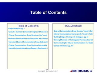 Table of Contents Project Blueprint- pg. 3 Executive Summary: Benchmark Insights and Research Group- pg. 4 External Communications Group Structures: Key Trends & Drivers of Sub-group Evolution- pg. 13 Internal Communications Group Structures: Key Trends & Drivers of Sub-group Evolution- pg. 24 Internal and External Communications Group Models and Structures- pg. 33 External Communications Group Resource Benchmarks: Key Staffing and Investment Trend- pg. 42 Internal Communications Group Resource Benchmarks: Key Staffing and Investment Trends - pg. 51 TOC Continued External Communications Group Services: Trends In Service Levels & Key Priorities- pg. 56 Internal Communications Service Levels: Trends In Activities That Inform the Enterprise- pg. 75 Building Bridges: Working with Colleagues- pg. 84 Working Effectively in The Integrated Pharmaceutical Network: Forging Accountability and Clear Roles Among External Partners- pg. 91 Communicating the Value of Communications In a Global Bio-Pharma Company- pg. 96 Contact Information- pg. 101 Table of Contents 