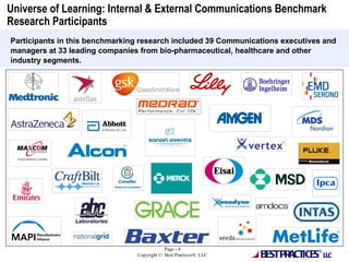 Universe of Learning: Internal & External Communications Benchmark Research Participants  Participants in this benchmarking research included 39 Communications executives and managers at 33 leading companies from bio-pharmaceutical, healthcare and other industry segments. 