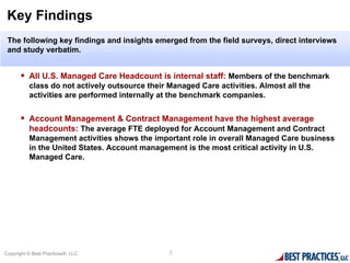 Key Findings
 The following key findings and insights emerged from the field surveys, direct interviews
 and study verbatim.


       All U.S. Managed Care Headcount is internal staff: Members of the benchmark
          class do not actively outsource their Managed Care activities. Almost all the
          activities are performed internally at the benchmark companies.


       Account Management & Contract Management have the highest average
          headcounts: The average FTE deployed for Account Management and Contract
          Management activities shows the important role in overall Managed Care business
          in the United States. Account management is the most critical activity in U.S.
          Managed Care.




Copyright © Best Practices®, LLC                5
 