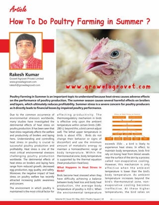 Due to the common occurrence of
environmental stressors worldwide,
many studies have investigated the
detrimental effects of heat stress on
poultry production. It has been seen that
heat stress negatively affects the welfare
and productivity of broilers and laying
hens. Understanding and controlling
heat stress in poultry is crucial to
successful poultry production and
profitability. Heat stress is one of the
most critical environmental stressors
challenging poultry production
worldwide. The detrimental effects of
heat stress on broilers and laying hens
range from reduced growth, decreased
egg production, egg quality, and safety.
Moreover, the negative impact of heat
stress on poultry welfare has recently
attracted increasing public awareness
andconcern.
The environment in which poultry is
maintained is the most critical factor for
a f f e c t i n g p r o d u c t i v i t y. T h e
thermoregulatory mechanism in birds
is effective only upon the ambient
temperature within certain limits (180-
280 c); beyond this, a bird cannot adjust
well. The lethal upper temperature in
birds is about 470c . Birds do not
change their behavior or signs of
discomfort and use the minimum
amount of metabolic energy to
maintain a homoeothermic range of
body temperature. Within the
thermoneutral zone, body temperature
is supported by the thermal equation
(heat production=heat loss).
What Happens in Heat Stress in
Birds?
Birds become heat stressed when they
have difficulty achieving a balance
between body heat loss and body heat
production, the average body
temperature of poultry is 410 c. When
the environmental temperature
exceeds 350c , a bird is likely to
experience heat stress. In effect, to
maintain body temperature, birds first
rely on losing heat from blood vessels
near the surface of the skin by a process
called non-evaporative cooling.
However, this mechanism is only
e f f e c t i v e w h e n t h e a m b i e n t
temperature is lower than the bird's
body temperature. As ambient
temperature increases beyond the
bird's thermoneutral zone, non-
evaporative cooling becomes
i n e f f e c t i v e . A t t h e s e h i g h e r
temperatures, the bird relies on
Rakesh Kumar
www.growelagrovet.com
rakesh@growelagrovet.com
Growel Agrovet Private Limited
Poultry Farming in Summer is an important topic to understand because heat stress causes adverse effects
on the performance of poultry production. The summer season causes several harmful effects on broilers
and layers, which ultimately reduces profitability. Summer stress is a severe concern for poultry producers
as it directly leads to financial losses by impaired poultry performance.
How To Do Poultry Farming in Summer ?
Article
Volume 03 | Issue 05 | May 2021 | Poultry Square | 18
 