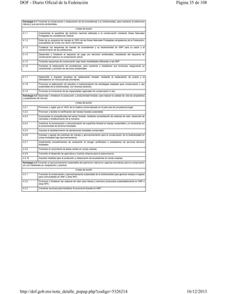 DOF - Diario Oficial de la Federación

Página 35 de 108

Estrategia 4.1 Fomentar la conservación y restauración de los ecosistemas y su biodiversidad, para mantener el patrimonio
natural y sus servicios ambientales.
Líneas de acción
4.1.1

Incrementar la superficie del territorio nacional dedicada a la conservación mediante Áreas Naturales
Protegidas de competencia Federal.

4.1.2

Dotar de su programa de manejo al 100% de las Áreas Naturales Protegidas competencia de la Federación,
susceptibles de contar con dicho instrumento.

4.1.3

Fortalecer los esquemas de manejo de ecosistemas y su biodiversidad en ANP para su salud y el
mantenimiento de las poblaciones.

4.1.4

Desarrollar y fortalecer el esquema de pago por servicios ambientales, transitando del esquema de
conservación pasiva a la conservación activa.

4.1.5

Fomentar esquemas de conservación bajo otras modalidades diferentes a las ANP.

4.1.6

Fomentar la restauración de ecosistemas, para mantener y restablecer sus funciones, asegurando su
conectividad y provisión de servicios ambientales.

4.1.7

Desarrollar e impulsar procesos de restauración forestal, mediante la restauración de suelos y la
reforestación en microcuencas prioritarias.

4.1.8

Promover la elaboración de estudios e implementación de estrategias estatales para conservación y uso
sustentable de la biodiversidad, con diversos sectores.

4.1.9

Promover el incremento de las capacidades regionales de conservación in situ.

Estrategia 4.2 Desarrollar y fortalecer la producción y productividad forestal, para mejorar la calidad de vida de propietarios
y poseedores del recurso.
Líneas de acción
4.2.1

Promover y vigilar que el 100% de la madera comercializada en el país sea de procedencia legal.

4.2.2

Promover y facilitar la certificación del manejo forestal sustentable

4.2.3

Incrementar la competitividad del sector forestal, mediante consolidación de cadenas de valor, desarrollo de
mercados y fortalecimiento de la industria.

4.2.4

Incentivar la incorporación o reincorporación de superficie forestal al manejo sustentable y el incremento en
la productividad de terrenos forestales.

4.2.5

Impulsar el establecimiento de plantaciones forestales comerciales.

4.2.6

Impulsar y apoyar las prácticas de manejo y aprovechamiento para la conservación de la biodiversidad en
zonas forestales bajo aprovechamiento.

4.2.7

Implementar procedimientos de evaluación al otorgar certificados a prestadores de servicios técnicos
forestales.

4.2.8

Fomentar el crecimiento de áreas verdes en zonas urbanas.

4.2.9

Fomentar el desarrollo de agricultura y huertos urbanos para el autoconsumo.

4.2.10

Impulsar medidas para la protección y restauración de ecosistemas en zonas urbanas.

Estrategia 4.3 Fomentar el aprovechamiento sustentable del patrimonio natural en regiones prioritarias para la conservación
y/o con habitantes en marginación y pobreza.
Líneas de acción
4.3.1

Fomentar la conservación y aprovechamiento sustentable de la biodiversidad para generar empleo e ingreso
para comunidades en ANP y otras RPC.

4.3.2

Promover y fortalecer las cadenas de valor para bienes y servicios producidos sustentablemente en ANP y
otras RPC.

4.3.3

Coordinar acciones para fortalecer la economía forestal en ANP.

http://dof.gob.mx/nota_detalle_popup.php?codigo=5326214

16/12/2013

 