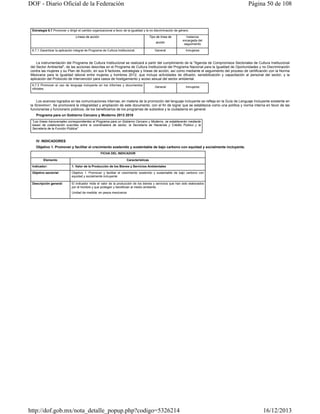 DOF - Diario Oficial de la Federación

Página 50 de 108

Estrategia 6.7 Promover y dirigir el cambio organizacional a favor de la igualdad y la no discriminación de género.
Líneas de acción

Tipo de línea de
acción

6.7.1 Garantizar la aplicación integral de Programa de Cultura Institucional.

General

Instancia
encargada del
seguimiento
Inmujeres

La instrumentación del Programa de Cultura Institucional se realizará a partir del cumplimiento de la "Agenda de Compromisos Sectoriales de Cultura Institucional
del Sector Ambiental", de las acciones descritas en el Programa de Cultura Institucional del Programa Nacional para la Igualdad de Oportunidades y no Discriminación
contra las mujeres y su Plan de Acción, en sus 9 factores, estrategias y líneas de acción, así como mediante el seguimiento del proceso de certificación con la Norma
Mexicana para la Igualdad laboral entre mujeres y hombres 2012, que incluye actividades de difusión, sensibilización y capacitación al personal del sector, y la
aplicación del Protocolo de Intervención para casos de hostigamiento y acoso sexual del sector ambiental.
6.7.3 Promover el uso de lenguaje incluyente en los informes y documentos
oficiales.

General

Inmujeres

Los avances logrados en las comunicaciones internas, en materia de la promoción del lenguaje incluyente se refleja en la Guía de Lenguaje Incluyente existente en
la SEMARNAT. Se promoverá la integralidad y ampliación de este documento, con el fin de lograr que se establezca como una política y norma interna en favor de las
funcionarias y funcionario públicos, de los beneficiarios de los programas de subsidios y la ciudadanía en general.
Programa para un Gobierno Cercano y Moderno 2013 2018
"Las líneas transversales correspondientes al Programa para un Gobierno Cercano y Moderno, se establecerán mediante
bases de colaboración suscritas entre la coordinadora de sector, la Secretaría de Hacienda y Crédito Público y la
Secretaría de la Función Pública"

IV. INDICADORES
Objetivo 1. Promover y facilitar el crecimiento sostenido y sustentable de bajo carbono con equidad y socialmente incluyente.
FICHA DEL INDICADOR
Elemento

Características

Indicador:

1. Valor de la Producción de los Bienes y Servicios Ambientales

Objetivo sectorial:

Objetivo 1. Promover y facilitar el crecimiento sostenido y sustentable de bajo carbono con
equidad y socialmente incluyente

Descripción general:

El indicador mide el valor de la producción de los bienes y servicios que han sido elaborados
por el hombre y que protegen y benefician al medio ambiente.
Unidad de medida: en pesos mexicanos

http://dof.gob.mx/nota_detalle_popup.php?codigo=5326214

16/12/2013

 