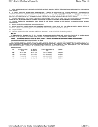 DOF - Diario Oficial de la Federación

Página 75 de 108

7.
Manejo de desechos y servicios de remediación (incluye manejo de residuos peligrosos y desechos no peligrosos con sus respectivos servicios de remediación a
zonas afectadas)
8.
Se considera la producción de bienes finales verdes (de acuerdo a la definición de empleos verdes) y de actividades de protección al medio ambiente. Se
considerarán el próximo año a las industrias que poseen el certificado Industria Limpia con nivel de Excelencia Ambiental (ND2), no obstante, aún no se cuenta con
una lista con empresas ese nivel de desempeño, ya que aún no se pública la norma: NMX-AA-163-SCFI-2012. En comunicación con PROFEPA comentó que se
estima que 70 empresas cumplirían con el ND2 que serán incluidas en el cálculo del indicador en cuanto la información se encuentre disponible.
9.
Actividades de protección al medio ambiente en la extracción del petróleo y gas, minería de carbón mineral, minería de minerales metálicos y no metálicos y sus
servicios, así como las pequeñas mineras con procesos de industria limpia y los servicios con certificación de calidad ambiental a la industria petrolera.
10. Turismo de avistamiento de ballenas y tiburón ballena dentro de las Áreas Naturales Protegidas, así como los empleos en hoteles con certificado de calidad
ambiental turística.
11.

Servicios educativos con certificación de calidad ambiental vigente

12. Servicios de consultoría en medio ambiente, como consultoría en preservación de la calidad del aire, agua, suelo; manejo de residuos y desechos; servicios de
remediación, control de la contaminación, y otros casos ambientales del sector servicios profesionales científicos y técnicos.
13. Energías renovables
14. Actividades de protección al medio ambiente en edificaciones, urbanización y vías de comunicación, estructuras, ingeniería civil.
Meta 2018
En esta administración se trabajará para que en el crecimiento de las actividades económicas que tienen que ver con Producción de los Bienes y Servicios
Ambientales y en las relacionadas con los sectores en este indicador, el crecimiento permita alcanzar el millón de empleos verdes en México.
Objetivo 2. Incrementar la resiliencia a efectos del cambio climático y disminuir las emisiones de compuestos y gases de efecto invernadero
Indicador 4. Emisiones de gases efecto invernadero per cápita
Este indicador se asocia con la huella de carbono pues mide la totalidad de gases de efecto invernadero (GEI) emitidos por el efecto directo o indirecto de un
individuo. Las comparaciones de emisiones de CO2e per cápita son útiles ya que contextualizan la situación de nuestro país en el plano internacional, sobre todo, con
países que presentan un alto crecimiento con características similares a nuestro país, por ejemplo, México en el 2009 se encontraba en el lugar 13 en emisiones
totales de CO2e a la atmósfera, y en el mismo año ocupaba el lugar 86 en emisiones per cápita a nivel mundial(125).
Información fuente:
Año

GEI 1990-2010 (BAU)
tCO2e

GEI 1990-2010
(META) tCO2e

PIB INEGI pesos a precios de
2008

Población

1993

588,314,174.9

588,314,174.9

8,132,915,152,000.0

91,600,655

1994

606,910,845.3

606,910,845.3

8,517,386,934,000.0

93,055,300

1995

579,343,847.6

579,343,847.6

8,026,897,234,500.0

94,490,336

1996

594,898,244.3

594,898,244.3

8,498,458,774,000.0

95,876,664

http://dof.gob.mx/nota_detalle_popup.php?codigo=5326214

16/12/2013

 