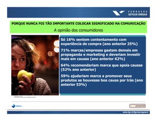 PORQUE NUNCA FOI TÃO IMPORTANTE COLOCAR SIGNIFICADO NA COMUNICAÇÃO

                    A opinião dos consumidores

                        Só 16% sentem contentamento com
                        experiência de compra (ano anterior 25%)
                        71% marcas/empresas gastam demais em
                        propaganda e marketing e deveriam investir
                        mais em causas (ano anterior 62%)
                        64% recomendariam marca que apoia causas
                        (52% ano anterior)
                        59% ajudariam marca a promover seus
                        produtos se houvesse boa causa por trás (ano
                        anterior 53%)
 