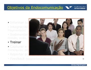 Objetivos da Endocomunicação



• Informar (visão holística)
• Integrar/Alinhar (objetivo comum, não
fragmentado)
• Sedimentar cultura corporativa (internalizar
missão, visão, metas)
• Treinar
• Capturar e redistribuir conhecimento (quebrar
hierarquias, potencializar resultados)
• Reportar problemas (fraudes, assédio, corrupção)
• Feedback (sugestões/críticas)                      33
 