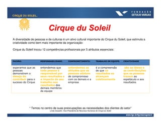 A diversidade de pessoas e de culturas é um ativo cultural importante do Cirque du Soleil, que estimula a
criatividade como bem mais importante da organização:

Cirque du Soleil trocou 12 competências profissionais por 5 atributos essenciais:



PAIXÃO:               RESPONSABILIDADE:           COMPROMETIMENTO:                TRABALHO EM EQUIPE:   CRIATIVIDADE


esperamos que as      entendemos que              entendemos as                   é a compreensão        são as ideias e
pessoas               toda pessoa é               atitudes que as                 de que os             as contribuições
demonstrem o          responsável por             pessoas adotam                  resultados se         que as pessoas
desejo de             seus resultados e           de compromisso                  alcançam              trazem ao
contribuir para o     o impacto de seu            com os demais e a               coletivamente         espetáculo e aos
sucesso do Cirque     trabalho nos                empresa                                               resultados
                      resultados dos
                      demais membros
                      da equipe




             “ Temos no centro de suas preocupações as necessidades dos clientes do setor”
                             Linda Gosselin, Vice-Presidente de Recursos Humanos do Cirque du Soleil
 
