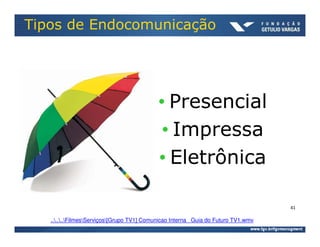 Tipos de Endocomunicação




                                           • Presencial
                                            • Impressa
                                           • Eletrônica

                                                                                   41

   ......FilmesServiços[Grupo TV1] Comunicao Interna Guia do Futuro TV1.wmv
 