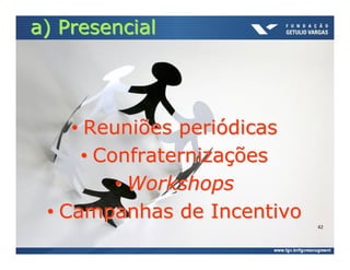 a) Presencial




    • Reuniões periódicas
     • Confraternizações
         • Workshops
 • Campanhas de Incentivo
                            42
 