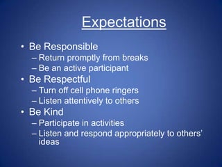 Expectations
• Be Responsible
  – Return promptly from breaks
  – Be an active participant
• Be Respectful
  – Turn off cell phone ringers
  – Listen attentively to others
• Be Kind
  – Participate in activities
  – Listen and respond appropriately to others‟
    ideas
 