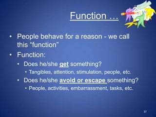 Function …

• People behave for a reason - we call
  this “function”
• Function:
  • Does he/she get something?
    • Tangibles, attention, stimulation, people, etc.
  • Does he/she avoid or escape something?
    • People, activities, embarrassment, tasks, etc.



                                                        37
 