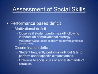Assessment of Social Skills

• Performance based deficit
  – Motivational deficit
     • Observe if student performs skill following
       introduction of motivational strategy.
     • motivation=value*belief in ability*get reward promised
       (Vroom, 1964)

  – Discrimination deficit
     • Student frequently performs skill, but fails to
       perform under specific circumstances.
     • Oblivious to social cues or social demands of
       situation.
 