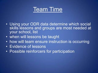 Team Time

• Using your ODR data determine which social
  skills lessons and groups are most needed at
  your school, list
• when will lessons be taught
• how will team ensure instruction is occurring
• Evidence of lessons
• Possible reinforcers for participation
 