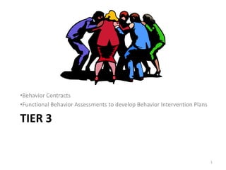 •Behavior Contracts
•Functional Behavior Assessments to develop Behavior Intervention Plans

TIER 3


                                                                          1
 