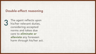The agent reflects upon
his/her relevant duties,
considering accepted
norms and takes due
care to eliminate or
alleviate any foreseen
harm through his/her act.
Double-effect reasoning
3
 