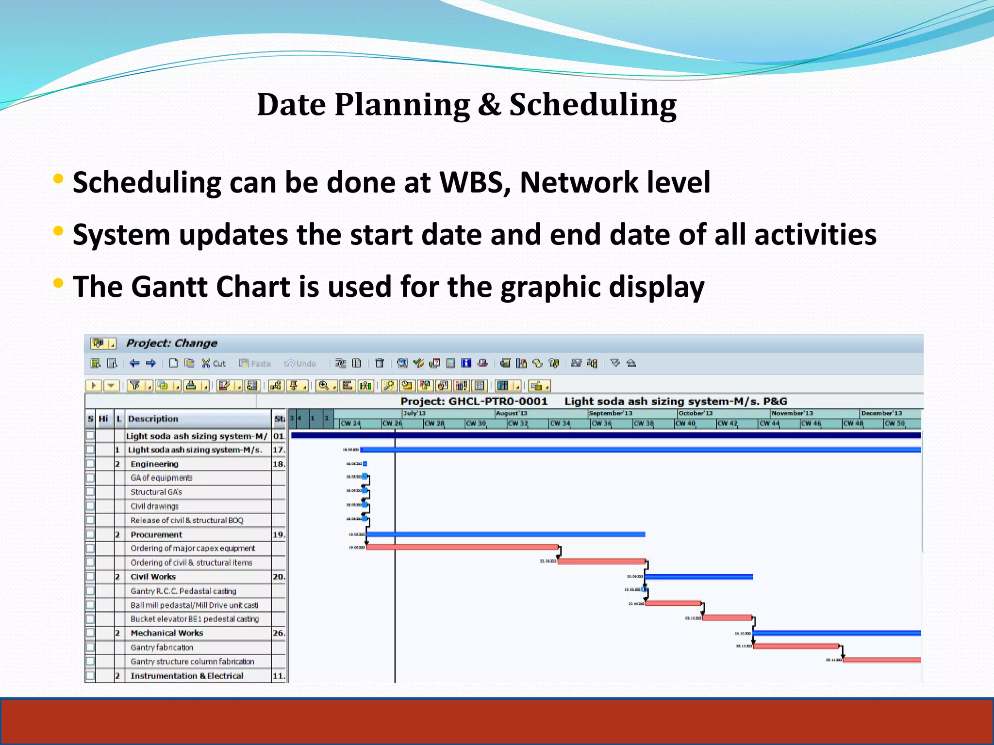 Date Planning & Scheduling
• Scheduling can be done at WBS, Network level
• System updates the start date and end date of all activities
• The Gantt Chart is used for the graphic display
 