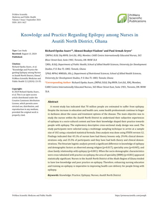 Knowledge and Practice Regarding Epilepsy among Nurses in Asutifi North ...