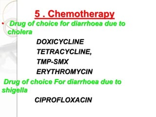 • Drug of choice for diarrhoea due to
cholera
DOXICYCLINE
TETRACYCLINE,
TMP-SMX
ERYTHROMYCIN
Drug of choice For diarrhoea due to
shigella
CIPROFLOXACIN
5 . Chemotherapy
 