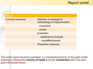 Report
5.Control measures Definition of strategies &
methodology of implementation
-constraints
-results
Evaluation:
-significance of results
-cost/effectiveness
Preventive measures.
The written report should be submitted, in a standardized format, to the public health
authorities including the ministry of health & remain confidential until it has been
given official permission.
Report contd…
 