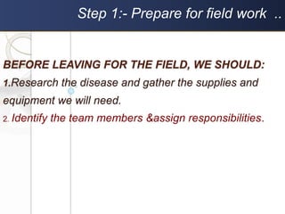 BEFORE LEAVING FOR THE FIELD, WE SHOULD:
1.Research the disease and gather the supplies and
equipment we will need.
Step 1:- Prepare for field work ..
2. Identify the team members &assign responsibilities.
 