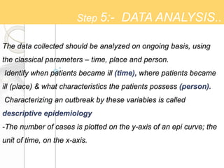 The data collected should be analyzed on ongoing basis, using
the classical parameters – time, place and person.
Identify when patients became ill (time), where patients became
ill (place) & what characteristics the patients possess (person).
Characterizing an outbreak by these variables is called
descriptive epidemiology
-The number of cases is plotted on the y-axis of an epi curve; the
unit of time, on the x-axis.
Step 5:- DATA ANALYSIS..
 