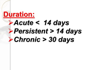 Duration:
Acute < 14 days
Persistent > 14 days
Chronic > 30 days
 