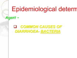Epidemiological determ
Agent –
 COMMON CAUSES OF
DIARRHOEA- BACTERIA
 