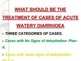 WHAT SHOULD BE THE
TREATMENT OF CASES OF ACUTE
WATERY DIARRHOEA
 THREE CATEGORIES OF CASES.
 Cases with No Signs of dehydration- Plan-
A.
 Cases with some signs of dehydration-
 