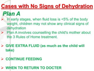 Cases with No Signs of Dehydration
Plan A
 In early stages, when fluid loss is <5% of the body
weight, children may not show any clinical signs of
dehydration
 Plan A involves counselling the child's mother about
the 3 Rules of Home treatment.
 GIVE EXTRA FLUID (as much as the child will
take)
 CONTINUE FEEDING
 WHEN TO RETURN TO DOCTER
 