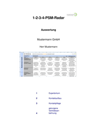 1 Expertentum
2
3 Kontaktpflege
4
gelungene
Vertriebsan-
bahnung
Kontaktaufbau
1-2-3-4-PSM-Radar
Herr Mustermann
Datum
Auswertung
Mustermann GmbH
 