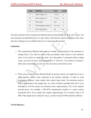 PSMS Lab Manual (RTU, Kota) By: Dheeraj K. Dhaked
24
Signal Definition Units Symbol
17 Stator voltage vs_q V or pu vqs
18 Stator voltage vs_d V or pu vds
19 Rotor speed rad/s ωm
20 Electromagnetic torque Te N.m or pu Te
21 Rotor angle thetam rad Θm
The stator terminals of the Asynchronous Machine block are identified by the A, B, and C letters. The
rotor terminals are identified by the a, b, and c letters. Note that the neutral connections of the stator
and rotor windings are not available; three-wire Y connections are assumed.
Limitations
1. The Asynchronous Machine block does not include a representation of the saturation of
leakage fluxes. You must be careful when you connect ideal sources to the machine's
stator. If you choose to supply the stator via a three-phase Y-connected infinite voltage
source, you must use three sources connected in Y. However, if you choose to simulate a
delta source connection, you must use only two sources connected in series.
2. When you use Asynchronous Machine blocks in discrete systems, you might have to use a
small parasitic resistive load, connected at the machine terminals, in order to avoid
numerical oscillations. Large sample times require larger loads. The minimum resistive
load is proportional to the sample time. As a rule of thumb, remember that with a 25 μs
time step on a 60 Hz system, the minimum load is approximately 2.5% of the machine
nominal power. For example, a 200 MVA asynchronous machine in a power system
discretized with a 50 μs sample time requires approximately 5% of resistive load or 10
MW. If the sample time is reduced to 20 μs, a resistive load of 4 MW should be sufficient.
Circuit Diagram:-
 