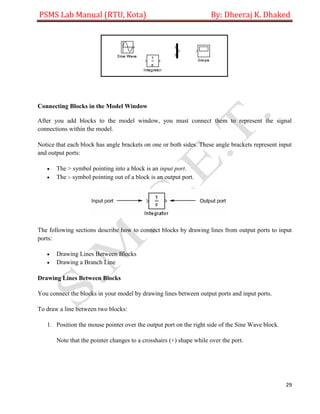 PSMS Lab Manual (RTU, Kota) By: Dheeraj K. Dhaked
29
Connecting Blocks in the Model Window
After you add blocks to the model window, you must connect them to represent the signal
connections within the model.
Notice that each block has angle brackets on one or both sides. These angle brackets represent input
and output ports:
 The > symbol pointing into a block is an input port.
 The > symbol pointing out of a block is an output port.
The following sections describe how to connect blocks by drawing lines from output ports to input
ports:
 Drawing Lines Between Blocks
 Drawing a Branch Line
Drawing Lines Between Blocks
You connect the blocks in your model by drawing lines between output ports and input ports.
To draw a line between two blocks:
1. Position the mouse pointer over the output port on the right side of the Sine Wave block.
Note that the pointer changes to a crosshairs (+) shape while over the port.
 