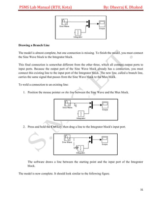 PSMS Lab Manual (RTU, Kota) By: Dheeraj K. Dhaked
31
Drawing a Branch Line
The model is almost complete, but one connection is missing. To finish the model, you must connect
the Sine Wave block to the Integrator block.
This final connection is somewhat different from the other three, which all connect output ports to
input ports. Because the output port of the Sine Wave block already has a connection, you must
connect this existing line to the input port of the Integrator block. The new line, called a branch line,
carries the same signal that passes from the Sine Wave block to the Mux block.
To weld a connection to an existing line:
1. Position the mouse pointer on the line between the Sine Wave and the Mux block.
2. Press and hold the Ctrl key, then drag a line to the Integrator block's input port.
The software draws a line between the starting point and the input port of the Integrator
block.
The model is now complete. It should look similar to the following figure.
 
