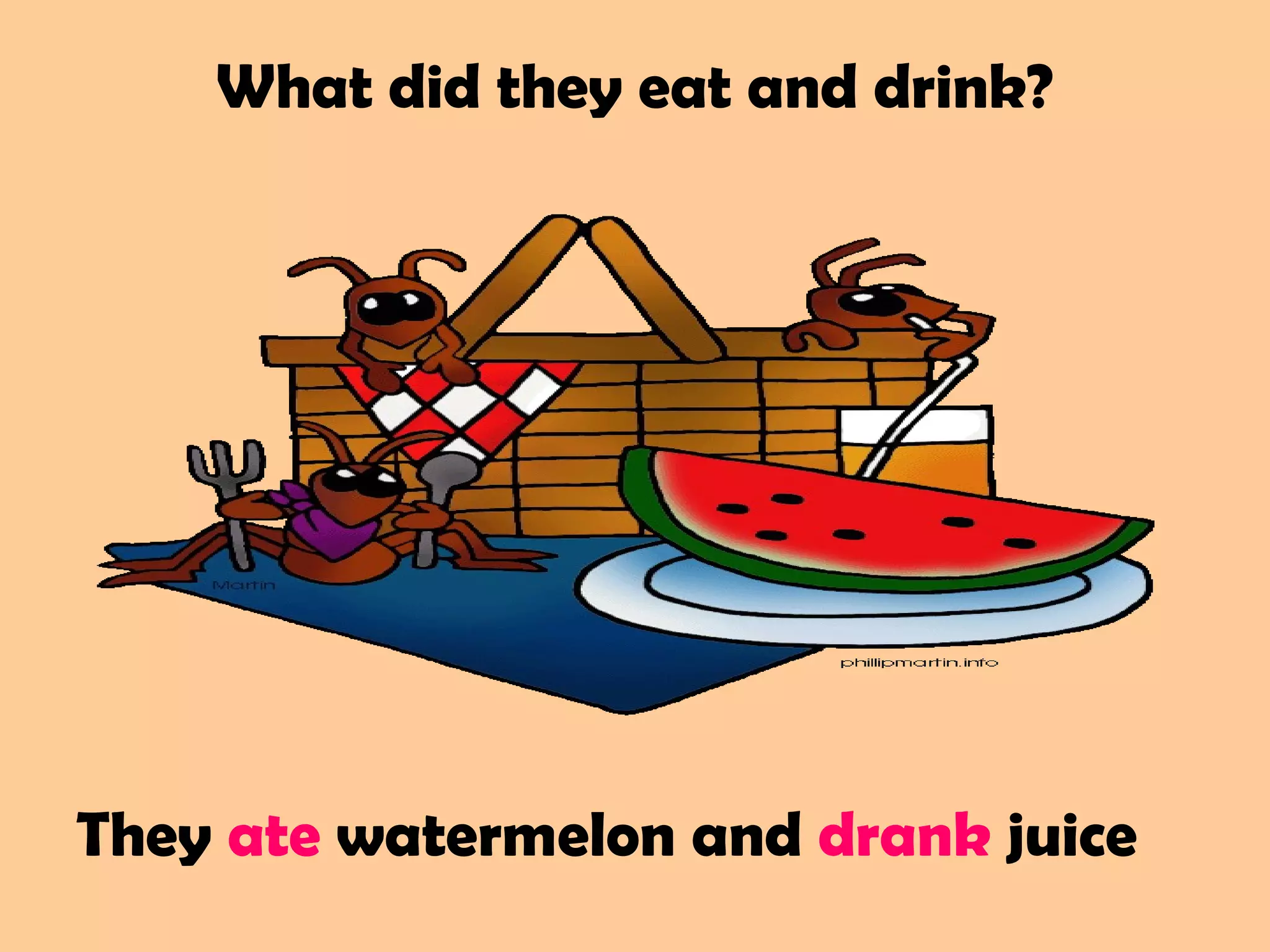 What did they eat and drink?
They ate watermelon and drank juice
 