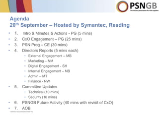Agenda
20th September – Hosted by Symantec, Reading
• 1.                 Intro & Minutes & Actions - PG (5 mins)
•         2.         CxO Engagement – PG (25 mins)
•         3.         PSN Prog – CE (30 mins)
•         4.         Directors Reports (5 mins each)
                        •    External Engagement – MB
                        •    Marketing – NM
                        •    Digital Engagement - SH
                        •    Internal Engagement – NB
                        •    Admin – MT
                        •    Finance - NW
•         5.         Committee Updates
                        • Technical (10 mins)
                        • Security (10 mins)
•         6.         PSNGB Future Activity (40 mins with revisit of CxO)
•         7.         AOB
    © British Telecommunications plc
 