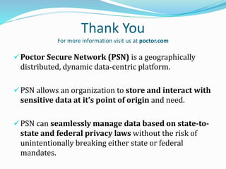 Thank You
For more information visit us at poctor.com
Poctor Secure Network (PSN) is a geographically
distributed, dynamic data-centric platform.
PSN allows an organization to store and interact with
sensitive data at it’s point of origin and need.
PSN can seamlessly manage data based on state-to-
state and federal privacy laws without the risk of
unintentionally breaking either state or federal
mandates.
 