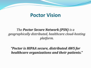 Poctor Vision
The Poctor Secure Network (PSN) is a
geographically distributed, healthcare cloud-hosting
platform.
“Poctor is HIPAA secure, distributed AWS for
healthcare organizations and their patients.”
 