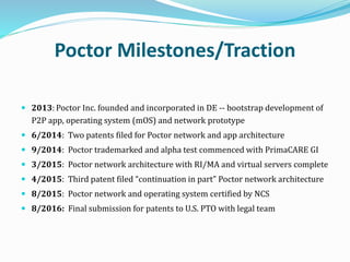 Poctor Milestones/Traction
 2013: Poctor Inc. founded and incorporated in DE -- bootstrap development of
P2P app, operating system (mOS) and network prototype
 6/2014: Two patents filed for Poctor network and app architecture
 9/2014: Poctor trademarked and alpha test commenced with PrimaCARE GI
 3/2015: Poctor network architecture with RI/MA and virtual servers complete
 4/2015: Third patent filed “continuation in part” Poctor network architecture
 8/2015: Poctor network and operating system certified by NCS
 8/2016: Final submission for patents to U.S. PTO with legal team
 