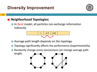 20
Diversity Improvement
 Neighborhood Topologies:
 In lbest model, all particles can exchange information
indirectly.
 Average path length depends on the topology.
 Topology significantly affects the performance (experimentally).
 Randomly change some connections can change average path
length.
i i+1 i+2
 